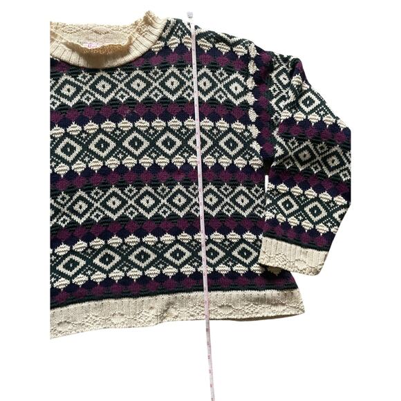 Vintage Knit Club Fair Isles Geometric Crop Sweater Sz Large Vintage 90s Cotton - Picture 3 of 8